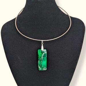 Vintage 18K GP Green Jasper Pendant